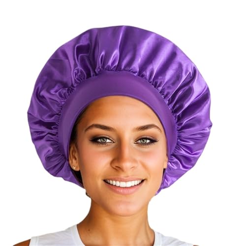 Seiden-Schlafhaube Damen Satin Solide Breitkrempige Schlafmütze Kopfwickel Elastische Bandkappe Haarpflege Motorhaube Nachtmütze(PURPLE) von DHYUACN