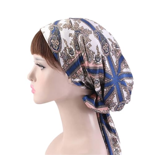 Seiden-Schlafhaube Damen Seidensatin Schlafmütze Haarhaube Hut Kopfbedeckung Satin Turban Verstellbare Lange Haarpflege Motorhaube(Beige Blue) von DHYUACN