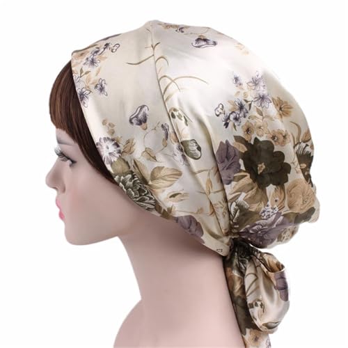 Seiden-Schlafhaube Damen Seidensatin Schlafmütze Haarhaube Hut Kopfbedeckung Satin Turban Verstellbare Lange Haarpflege Motorhaube(Beige Flower) von DHYUACN