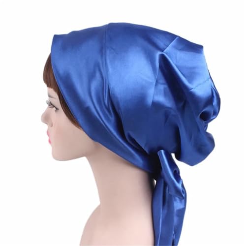 Seiden-Schlafhaube Damen Seidensatin Schlafmütze Haarhaube Hut Kopfbedeckung Satin Turban Verstellbare Lange Haarpflege Motorhaube(Blue) von DHYUACN