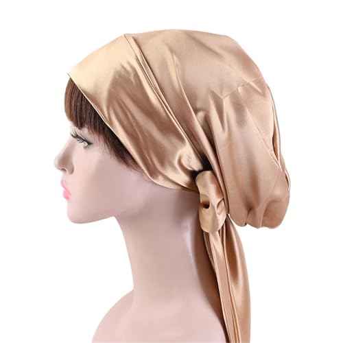 Seiden-Schlafhaube Damen Seidensatin Schlafmütze Haarhaube Hut Kopfbedeckung Satin Turban Verstellbare Lange Haarpflege Motorhaube(Khaki) von DHYUACN