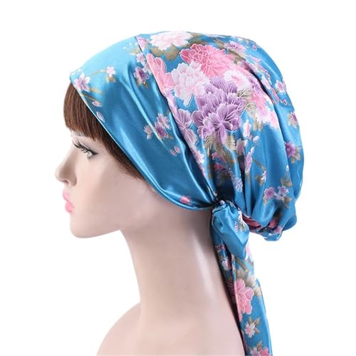 Seiden-Schlafhaube Damen Seidensatin Schlafmütze Haarhaube Hut Kopfbedeckung Satin Turban Verstellbare Lange Haarpflege Motorhaube(Lake Blue) von DHYUACN