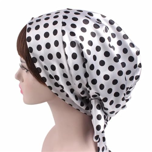 Seiden-Schlafhaube Damen Seidensatin Schlafmütze Haarhaube Hut Kopfbedeckung Satin Turban Verstellbare Lange Haarpflege Motorhaube(Polka Dot) von DHYUACN