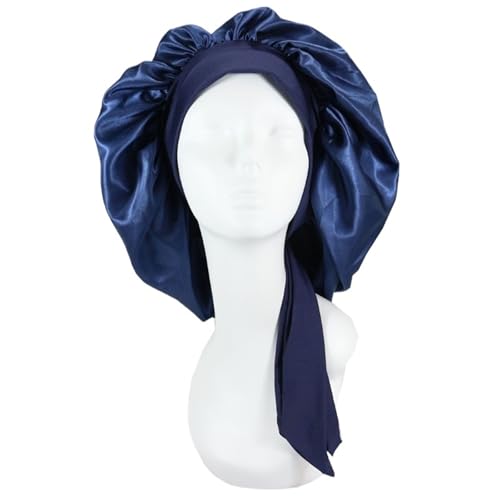 Seiden-Schlafhaube Frauen Satin Solide Schlafen Schlaf Kappe Haar Pflege Motorhaube Nachtmütze for Männer Unisex(Dark blue) von DHYUACN