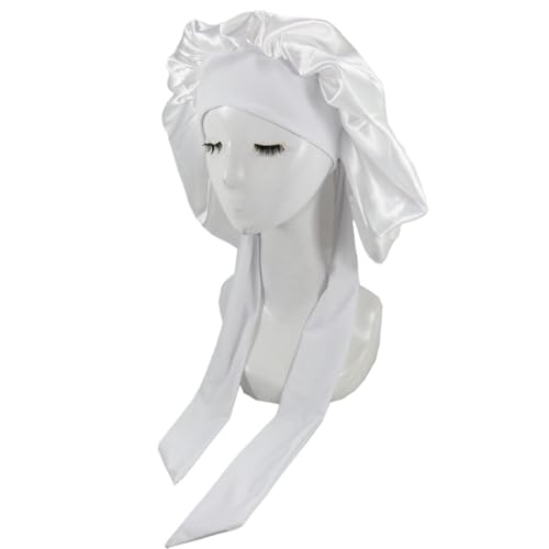 Seiden-Schlafhaube Frauen Satin Solide Schlafen Schlaf Kappe Haar Pflege Motorhaube Nachtmütze for Männer Unisex(White) von DHYUACN