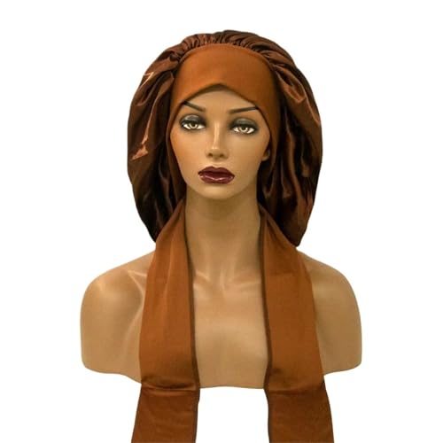 Seiden-Schlafhaube Frauen Satin Verbreitert Schlaf Hut Nacht mit Lange Streamer Haar Pflege Motorhaube Schlummertrunk Elastische(Brown) von DHYUACN