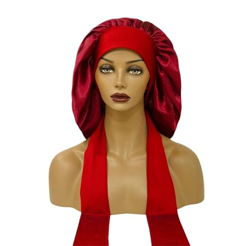 Seiden-Schlafhaube Frauen Satin Verbreitert Schlaf Hut Nacht mit Lange Streamer Haar Pflege Motorhaube Schlummertrunk Elastische(Dark red) von DHYUACN