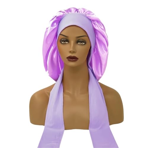 Seiden-Schlafhaube Frauen Satin Verbreitert Schlaf Hut Nacht mit Lange Streamer Haar Pflege Motorhaube Schlummertrunk Elastische(Light Purple) von DHYUACN