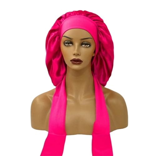 Seiden-Schlafhaube Frauen Satin Verbreitert Schlaf Hut Nacht mit Lange Streamer Haar Pflege Motorhaube Schlummertrunk Elastische(Pink red) von DHYUACN