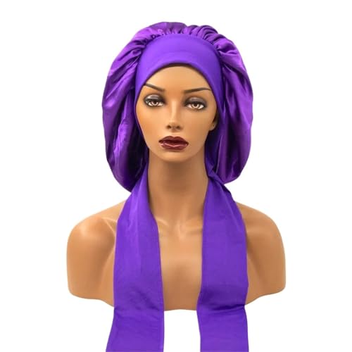Seiden-Schlafhaube Frauen Satin Verbreitert Schlaf Hut Nacht mit Lange Streamer Haar Pflege Motorhaube Schlummertrunk Elastische(Purple) von DHYUACN