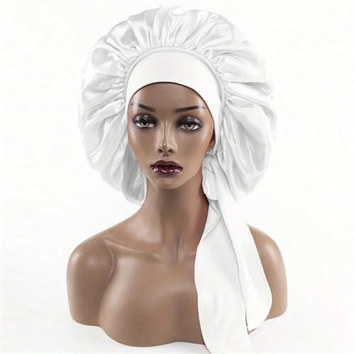 Seiden-Schlafhaube Frauen Satin Verbreitert Schlaf Hut Nacht mit Lange Streamer Haar Pflege Motorhaube Schlummertrunk Elastische(White) von DHYUACN