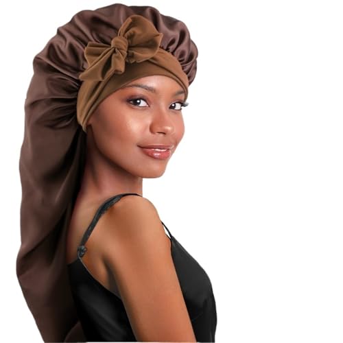 Seiden-Schlafhaube Lange Motorhaube aus elastischem Satin for Damen, Haarpflegehauben mit dehnbarem Bindeband, Schlafmütze for Zöpfe, lockiges Haar(Dark Brown) von DHYUACN