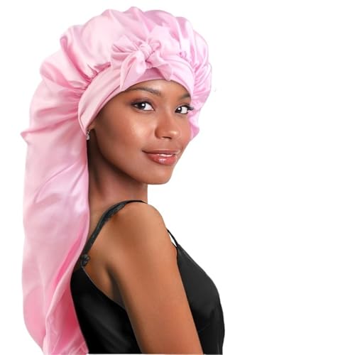 Seiden-Schlafhaube Lange Motorhaube aus elastischem Satin for Damen, Haarpflegehauben mit dehnbarem Bindeband, Schlafmütze for Zöpfe, lockiges Haar(Pink) von DHYUACN