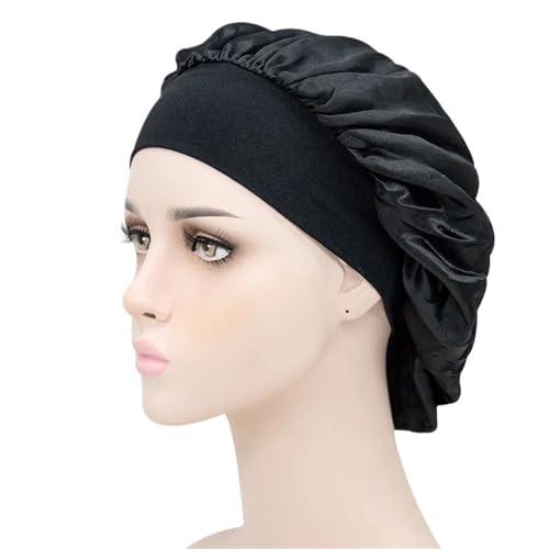 Seiden-Schlafhaube Passen Sie Satin Bonnet Hair Styling Cap Lange Haarpflege Frauen Nachtschlaf Hut Seide Kopf Wrap Duschhaube(Black) von DHYUACN