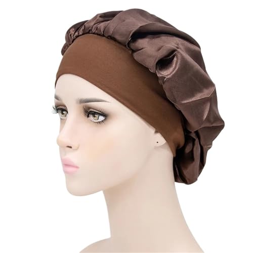Seiden-Schlafhaube Passen Sie Satin Bonnet Hair Styling Cap Lange Haarpflege Frauen Nachtschlaf Hut Seide Kopf Wrap Duschhaube(Brown) von DHYUACN