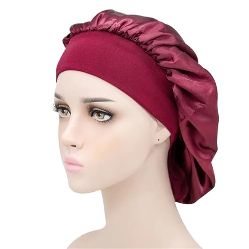 Seiden-Schlafhaube Passen Sie Satin Bonnet Hair Styling Cap Lange Haarpflege Frauen Nachtschlaf Hut Seide Kopf Wrap Duschhaube(Red) von DHYUACN