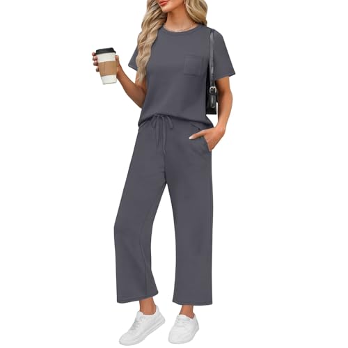 70er Jahre Outfit Damen Mit Taschen Mode Tracksuit Hosenanzug Damen Festlich Hochzeit Leichte Lounge Set Kurzarm Und Kurz Hose Fahion Sommer Outfits Teenager Mädchen Schlafanzug（2-Gray，XL） von DHYUEN