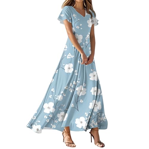 Abendkleid Damen Lang Sommer V-Ausschnitt Abendkleid T-Shirt Kleid Damen Lang Leicht Und Luftig A-Linie Kleid Partykleid Mit Blumenmuster Sommerkleid Boho Hochzeitskleid（4-Light Blue，XXL） von DHYUEN