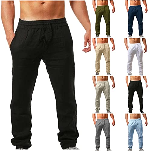 Arbeitshosen Männer Mit Taschen Bequeme Arbeitshosen Leinenhose Herren Sommerhose Freizeithose Lang Loose Fit Golfhose Loungewear Atmungsaktive Herren Hosen Mit Gummizug Business Hosen（1-Black，XL） von DHYUEN