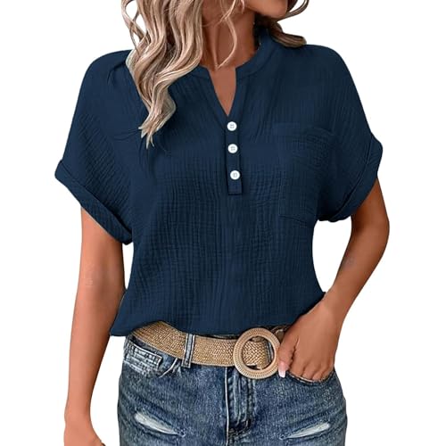 Bluse Gestreift Damen Lose Basic Damenblusen Thermo Oberteil V Ausschnitt Casual Strandbluse Blusentop Einfarbige Locker Tunika Bluse Sommerblusen Knopfleiste Bluse Weiß Damen Kurzarm(2-Navy,XL) von DHYUEN
