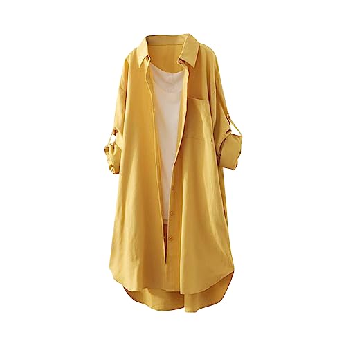 Blusen Damen Elegant Festlich Knopfleiste Trachtenbluse Elegante Blusen Long Shirts Revers Karohemd Blusentops Shirt Mit Gummizug Am Saum Damen T-Shirts & Blusen Für Frauen Blusen(8-Yellow,M) von DHYUEN