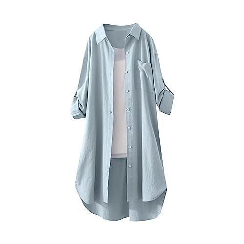 Boho Bluse Damen Einfrabige Kariertes Hemd Damen Große Größen T-Shirts & Blusen Für Frauen Musselin Long Shirts Lange Blusen Lange Oberteile Für Leggings Leinenbluse Musselin Shirt(8-Blue,L) von DHYUEN