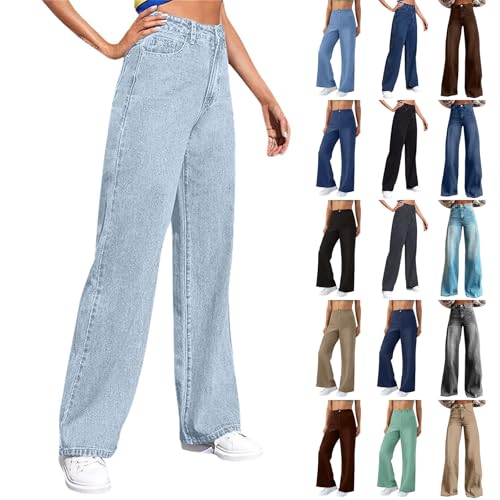 Boyfriend Jeans Damen Hohe Taille Vintage Jeanshose Leopard Print Jeans Baggy Locker High Waist Jeans Hose Gerade Geschnittene Baggy Jeans Damen High Waist Damen Jeans Gerades Bein(1-Light Blue,XXL) von DHYUEN