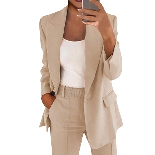 DHYUEN Anzug Elegant 2 Teiler Streetwear Jogginganzug Hochzeitsgast Outfit Damen Hosenanzug Langarm Trainingsanzug Anzughose Und Top Longblazer Sommer Blazer+Hose (C-Khaki, XL) von DHYUEN