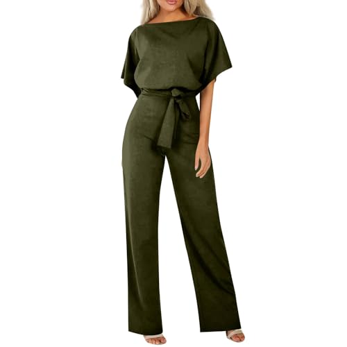 DHYUEN Arbeitshose Damen Büro Rundhals Anzug Overall Damen Festlich Hochze Casual Arbeitsoverall Arbeitshose Sommer Overalls Softshellhose Atmungsaktive Eleganter Jumpsuit Festlichs（Armeegrün，XL） von DHYUEN