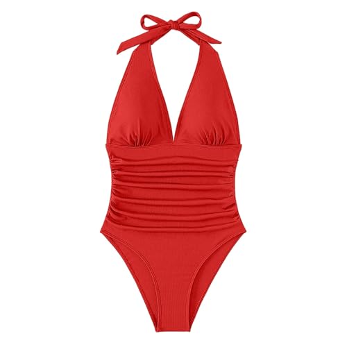 DHYUEN Badeanzüge Damen Einteilige Verstellbarer Sport Bademode Badeanzug Schwarz Bauch Weg Vintage Badebekleidung Damenbadeanzüge Schlankheits Push Up Curvy Swimwear Schwimmanzug（8-Red，L） von DHYUEN