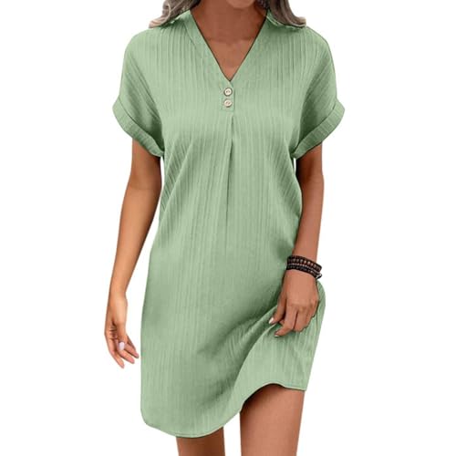 DHYUEN Boho Kleid Damen Frühlings Leinenkleid Strandkleid Damen Luftig Tunika Kleid Basic Rockabilly Kleider Sommerkleid Damen Große Größen Blusenkleid Leinenkleid Damen Sommer（1-Light Green，XL） von DHYUEN