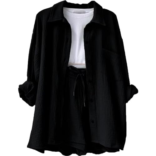 DHYUEN Chiffon Bluse Damen Festlich Oversize Sommershirt Set Hochzeitsgast Outfit Damen Blusentop Sommer Blusentops Trachtenblusen Kurze Hosen Damen Sommer Leinenblusen Lounge Set(2-Black,L) von DHYUEN