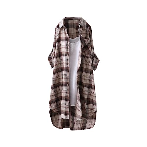 DHYUEN Chiffon Bluse Damen Gestreiftes Bluse Hosenanzug Damen Festlich Hochzeit Karohemd Oversized Blusenshirt Karierte Bluse Longshirt Damen Lässig Für Leggings Streifenbluse Strandshirts(7-Khaki,M) von DHYUEN