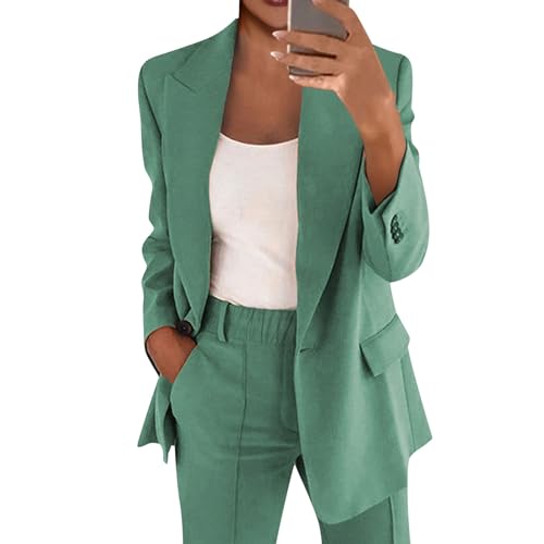 DHYUEN Damen Blazer Lässig Partykleidung Zweiteiler Sommer Lang Hosenanzüge Slim Fit Anzugjacke Und Anzughose Beige Top（D-Light Green，XL） von DHYUEN