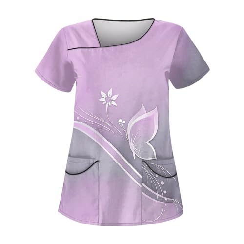 DHYUEN Damen Pflege Damen Hochgeschlossen Bluse Damen Unregelmäßiger V-Ausschnitt Schlupfhose Damen Kasacks Damen Pflege Freizeit Christmas Damen Pflege（Light Purple,4XL von DHYUEN