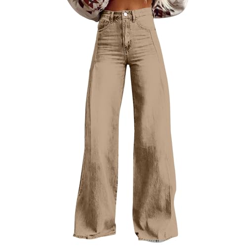 DHYUEN Damenjeans Mode Basic Outdoorhose Jeans Tall Damen Extra Lang Straight Leg Freizeit Low Waist Jeans Damen Baggy Weite Jeans Einfarbige Schlaghose Damen Jeans Damen High Waist Grau(3-Khaki,3XL) von DHYUEN