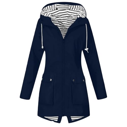 DHYUEN Fahrrad Regenponcho Lang Windbreaker Leichte Regenjacke Damen Warme Trachtenjacke Herbstjacke Streifen Gefütterte Elegant Rain Coat Women Wanderjacke Outdoor Trenchcoat Windbreaker（2-Navy，XXL） von DHYUEN