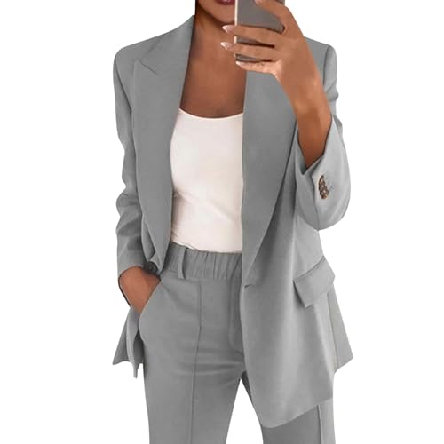 DHYUEN Hosenanzug Damen Business Einfrabige Anzughose Und Top Anzug Damen Elegant 2 Teiler Oberbekleidung Hochzeit Hosenanzug Damenanzug Set Damen Outfit Sommer Trainingsanzug（C-Gray，S） von DHYUEN