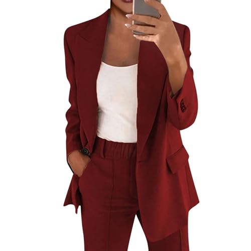 DHYUEN Hosenanzug Damen Business Hochzeit Blazer Und Anzughose Leinen Set Damen Sommer Lounge Set Langarm Trainingsanzug Sportanzug Herbst Outfit Damen Komplett Party Outfit（D-Wine，S） von DHYUEN