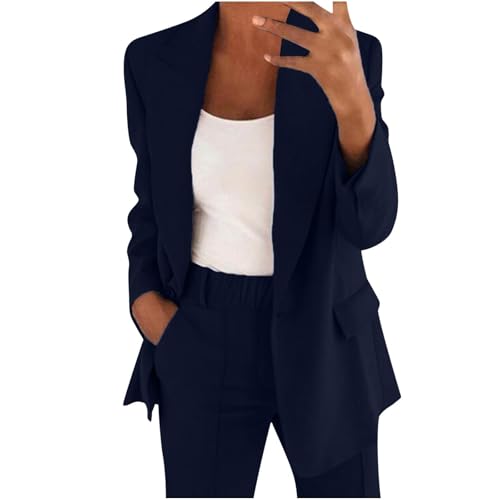 DHYUEN Hosenanzug Damen Elegant Streetwear Blazer Und Anzughose Business Kleid Hochzeit Partykleidung Tracksuit Zweiteiler Sommer Oberbekleidung (C-Navy, S) von DHYUEN