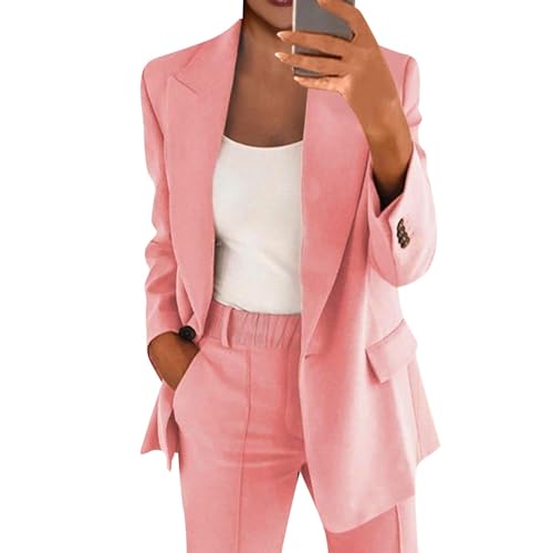 DHYUEN Hosenanzug Damen Sommer Elegant Slim Fit Blazer Und Anzughose Blazer Damen Kariert Freizeitanzug Langarm Jogginganzug Anzughose Und Top Blazer Schwarz Damen Hosenanzug（C-Pink，XL） von DHYUEN
