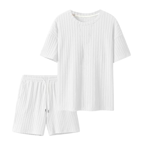 DHYUEN Jogginganzug Herren Lässiger Einfarbige Sommer Outfit 2-Teiliges Sommer Outfits Teenager Mädchen Strand 2-Teilig Jogginganzug Basic 2 Teiler Herren Sommer Set Mit Tshirts Und Sporthose（Weiß，L） von DHYUEN