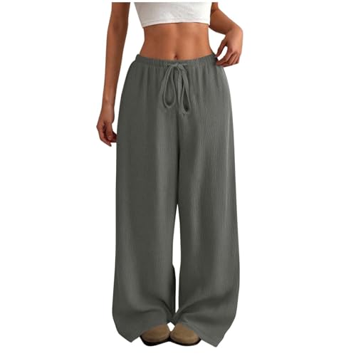 DHYUEN Jogginghose Damen Lockere Verstellbare Kordelzug Freizeithose Plissee Hose Leicht Und Luftig Sommerhosen Outdoorhose Locker Sweatpants Chinohose Bequem Chino Damen Hose(Grau,L) von DHYUEN