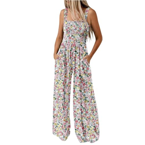 DHYUEN Jumpsuit Damen Elegant Für Hochzeit Mit Taschen V-Ausschnitt Sporthosen Jumpsuit Mädchen Festlich Urlaub Outdoorhose Overall Blumenmuster Overalls Playsuit Sommer Damen Overall（Gold，L） von DHYUEN
