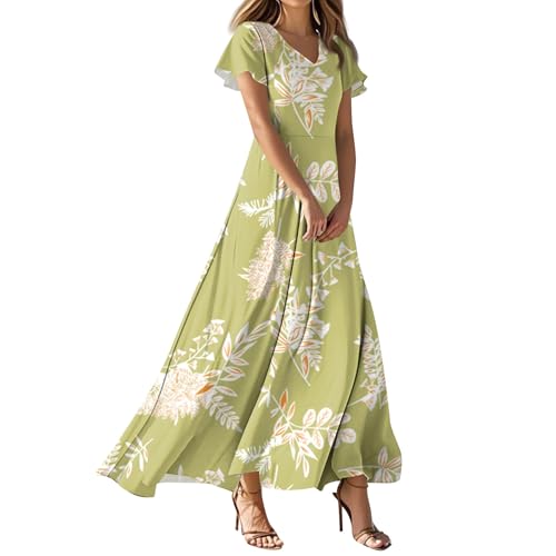 DHYUEN Kleid Damen Elegant Mit Blumenmuster Strandkleid Sommerkleid Weiss Leicht Und Luftig Freizeitkleid Abendkleider Basic Schwarzes Kleider Lang Strandkleider Blumenkleid（1-Yellow，M） von DHYUEN