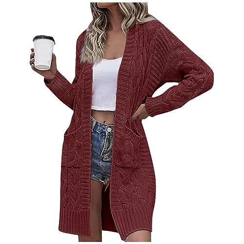 DHYUEN Leichte Strickjacke Damen V-Ausschnitt Cover Up Strickjacke Mit Kapuze Damen Cardigan Gerippt Vorne Offen Damenjacken Cardigan Damen Sommer Lang Strickpullover Rundhalsstrickjacke(5-Wine,S) von DHYUEN