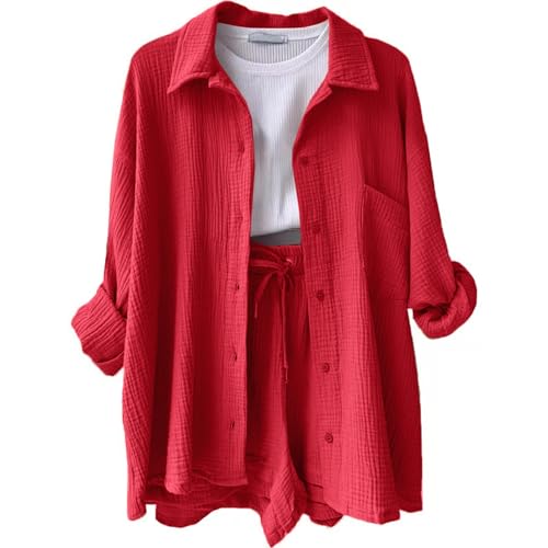 DHYUEN Musselin Bluse Damen Oversized Einfrabige Spitzenbluse Musselin Set Damen Sommerblusen Oversized Damenblusen Rüschenbluse Outfit Damen Set Elegant Outfits Trachtenblusen(3-Red,XXL) von DHYUEN
