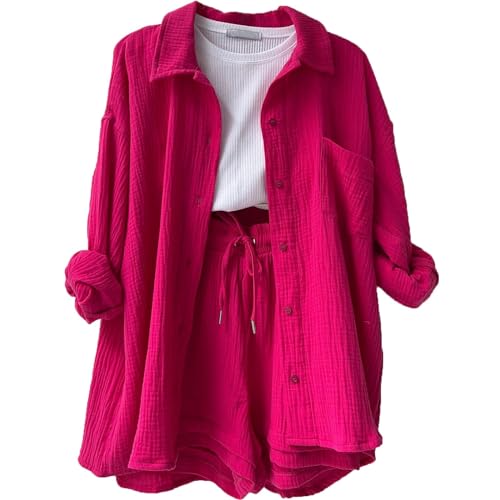 DHYUEN Musselin Bluse Damen Oversized Mode Button Down Shirt Damen Anzug Elegant 2 Teilig Bluse Revers Leinen Bluse Spitzenbluse Hosenanzug Damen Festlich Elegant Hemdbluse Leinenbluse(1-Hot Pink,L) von DHYUEN