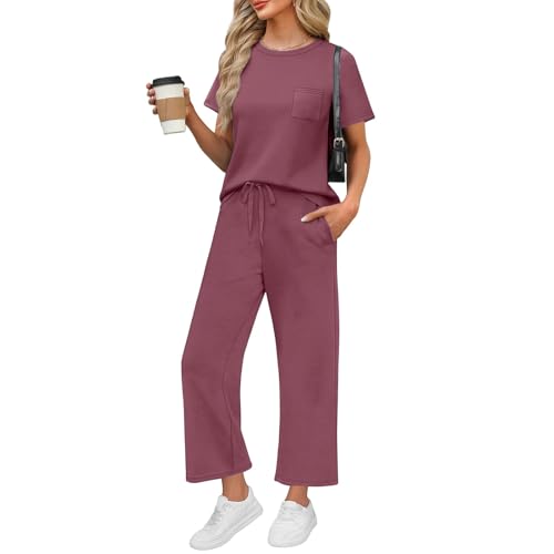 DHYUEN Outfit Hochzeitsgast Damen Mit Taschen Rundhals Sportanzug Hosenanzug Damen Festlich Elegant Bequeme Jogging Anzug Freizeitanzug Sommer Set Outfit Aesthetic Clothes（2-Hot Pink，L） von DHYUEN