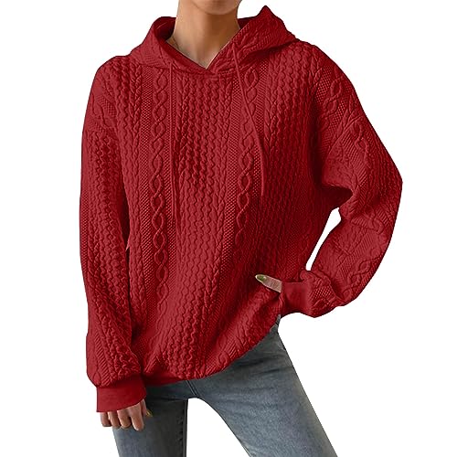 DHYUEN Oversized Pulli Damen Kordelzug Pullover Mädchen Oversized Essentials Hoodie Sweatshirt Damen Mit Kapuze Freizeit Pullover Damen Elegant Streetwear Winterpullover Damen Half Zip(Rot,S) von DHYUEN